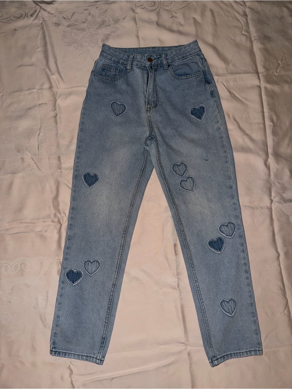 SHEIN Light Blue High-Rise Jeans with Heart Patches